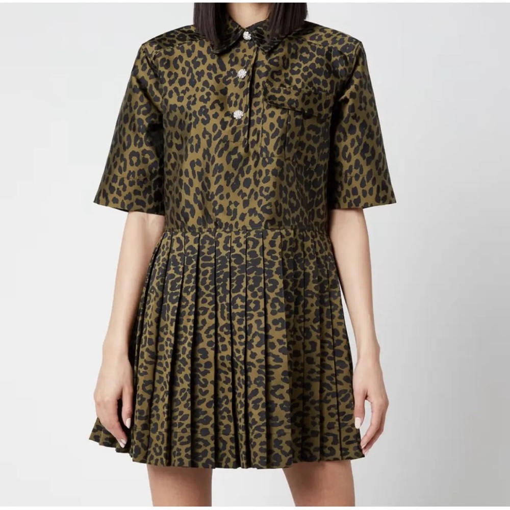 Ganni Jacquard Leopard Print Pleated Mini Dress